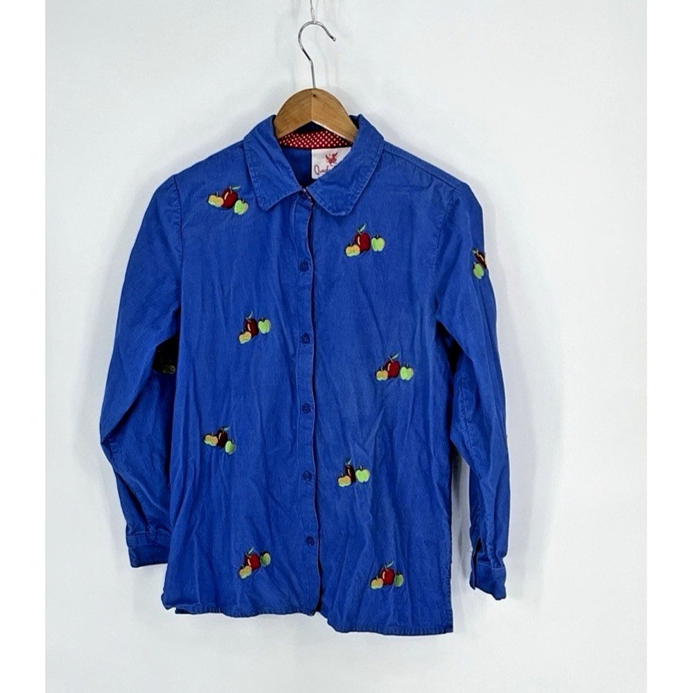 Quacker Factory Womens Small Blue Corduroy Teacher Apples Button Up Shirt School